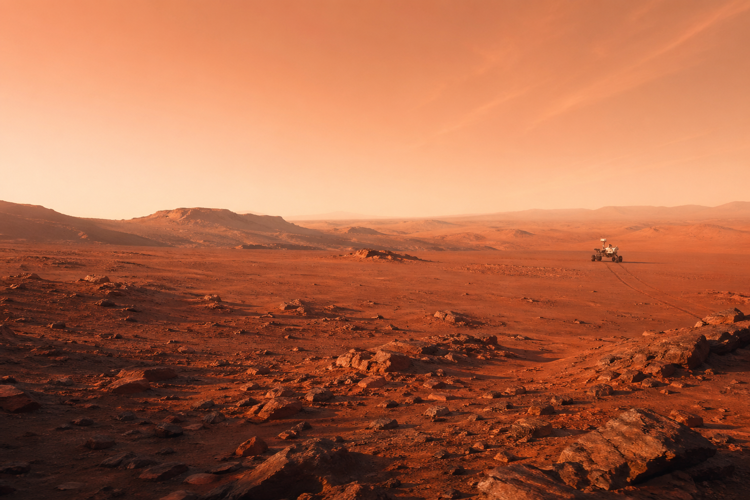 A distant Mars rover crossing a wide red Martian landscape under a pale sky.